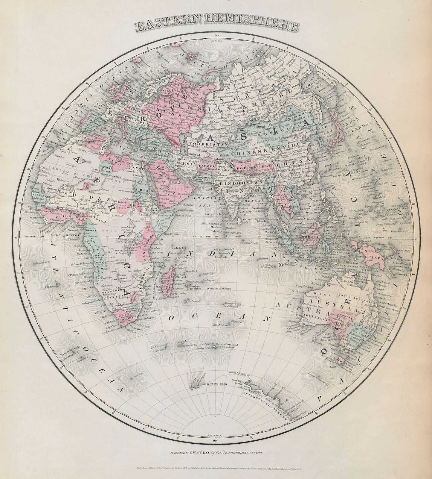 Eastern Hemisphere. Asia Africa Europe Australasia. Antique map. COLTON 1869
